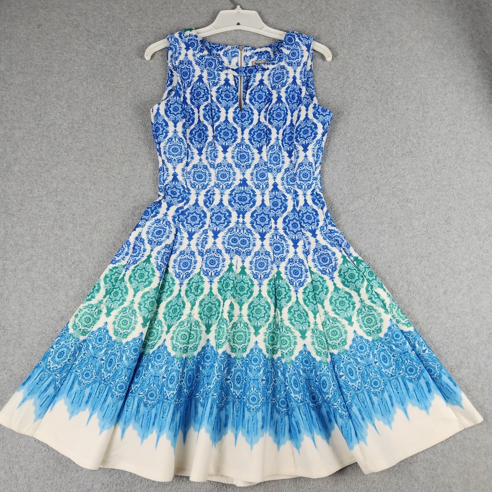 Danny and Nicole Fit & Flare Dress Women 8 Blue Geometric Sleeveless Back Zip